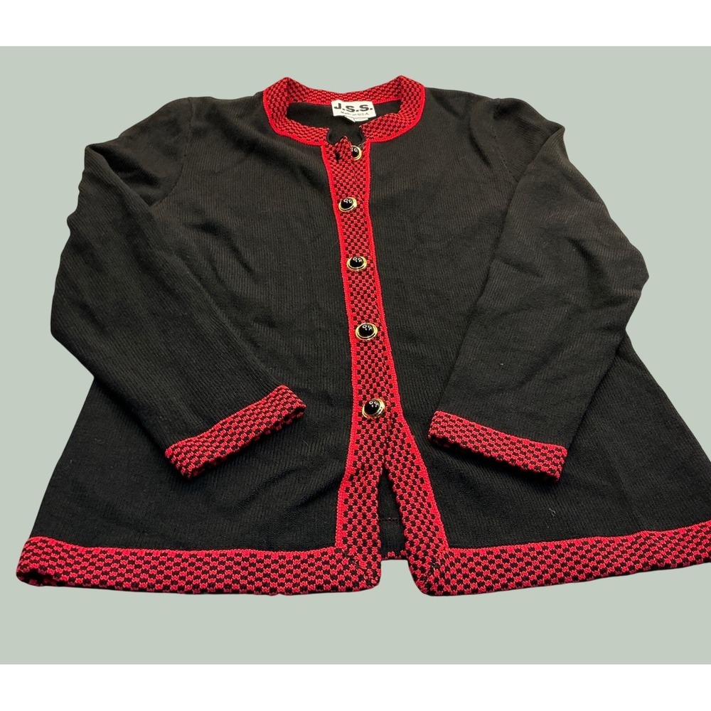 J.S.S. Vintage Cardigan Sweater Red Checkered Trim Gold Buttons Size 16 USA Made